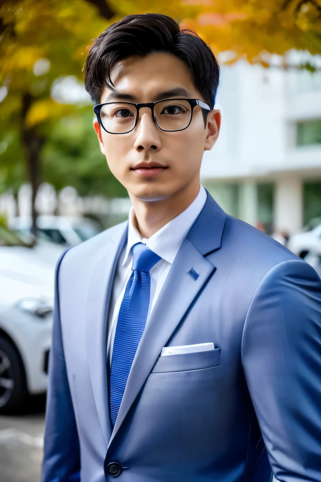 (One wears silver-white titanium alloy thin-rimmed glasses、Wearing a full light blue striped suit、White shirt、Tie、About 25 years old、Japanese men with a height of 180 cm)、best quality、masterpiece、ultra high resolution、(Photo realism:1.4)、original photo、(One wears silver-white titanium alloy thin-rimmed glasses outdoors on the street、Wearing a full light blue striped suit、White shirt、Tie young handsome japanese man、Standing under the red maple tree、Red and big maple leaves、delicate leaves、branch details)、(There is a white BMW car next to the man、Man&#39;s hands on car roof) shadow、octane rendering、8K、Super sharp、realistic light、(There is only one white BMW car on the street、man&#39;s shining eyes、looking in the direction of the camera)、LED、Ultra high quality、High、gentleman、very beautiful hair、bright photos、As handsome as a model、As handsome as an idol,Professional profile photo, Professional portrait photos、Realistic portrait photos, Detailed color portrait, Portrait of an idol, High quality portrait.