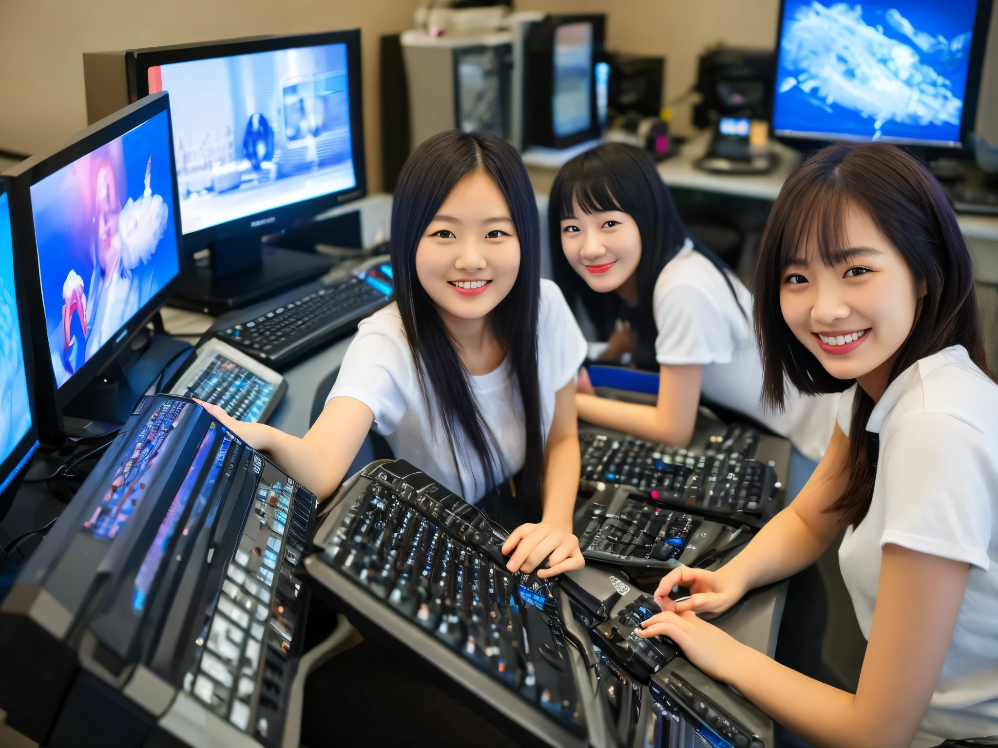 there is a group of women with computers around a computer desk smiling, smile, multiple girls, black hair, computer, monitor, realistic, looking away, shirt, various hair, grin, 8k, RAW photo, best quality, masterpiece, realistic, photo-realistic, beautiful, model, cute, various posing, clear face, ultra high res, High detail RAW, Top quality, age 27, 35mm lens, f/1, seductive smile.