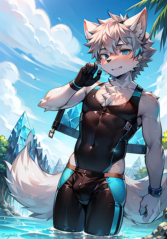 Furry，wolf boy，White fur，crystal blue eyes，Single fluffy tail，greyt hair，short detailed hair，summer day，dive，Wear diving goggles，masculine features，Squat，asshole，bulge，Sexy latex swimsuit