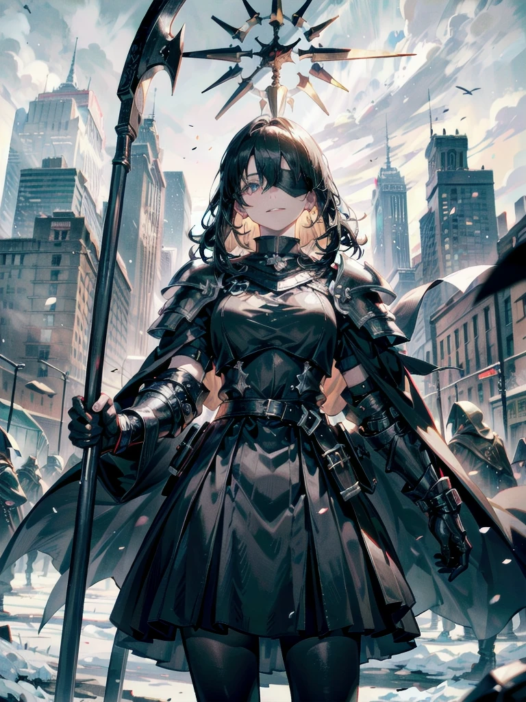 (black blindfold), holy paladin, scythe, dark Heavy armor, absurdres, RAW photo, extremely delicate and beautiful, masterpiece, Best Quality, ultra high resolution, 32k, hyperrealistic, ultra-detailed, detailed description, pale skin, 20 years old, tearful mole, earring, Colossal tits, short medium hair, wavy hair, evil grin, whole body shot,