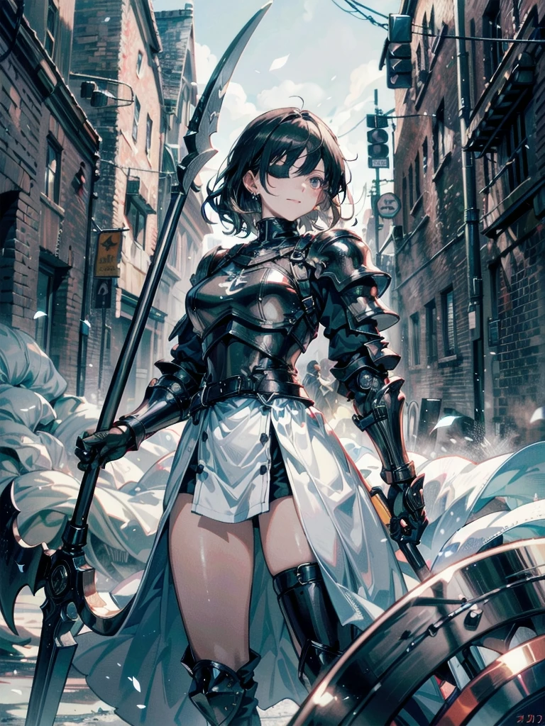 (black blindfold), holy paladin, scythe, dark Heavy armor, absurdres, RAW photo, extremely delicate and beautiful, masterpiece, Best Quality, ultra high resolution, 32k, hyperrealistic, ultra-detailed, detailed description, pale skin, 20 years old, tearful mole, earring, Colossal tits, short medium hair, wavy hair, evil grin, whole body shot,