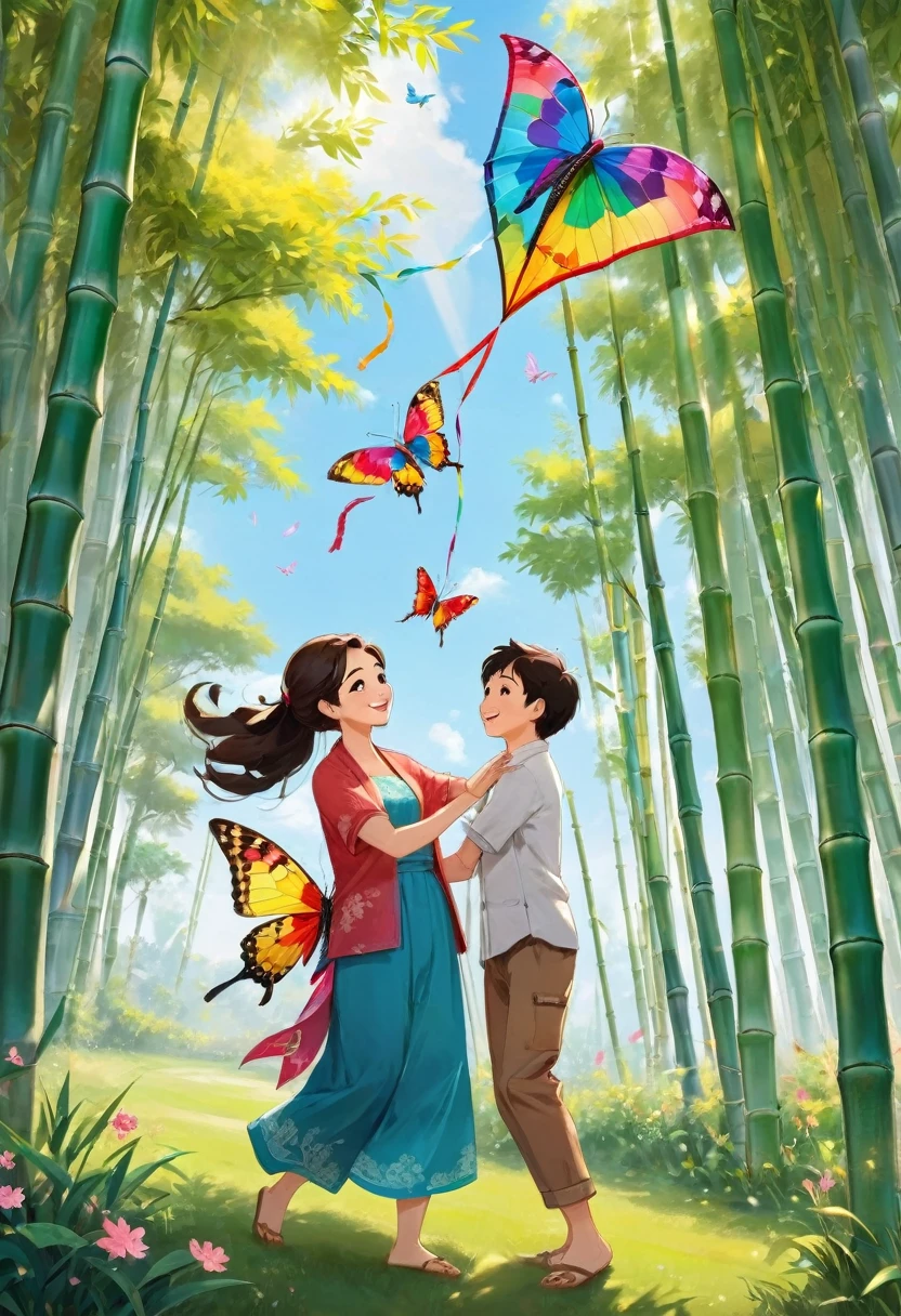 On a sunny spring day, a mother with limited family conditions made a butterfly kite for her child with bamboo skin and decorated it with colorful paper, which was exceptionally beautiful. When the child and brother were running on the grass with kites, they turned around to see their mother's smiling and satisfied face, the warm and profound maternal love conveyed through the small kite, (masterpiece, best quality, Professional, perfect composition, very aesthetic, absurdres, ultra-detailed, intricate details:1.3)