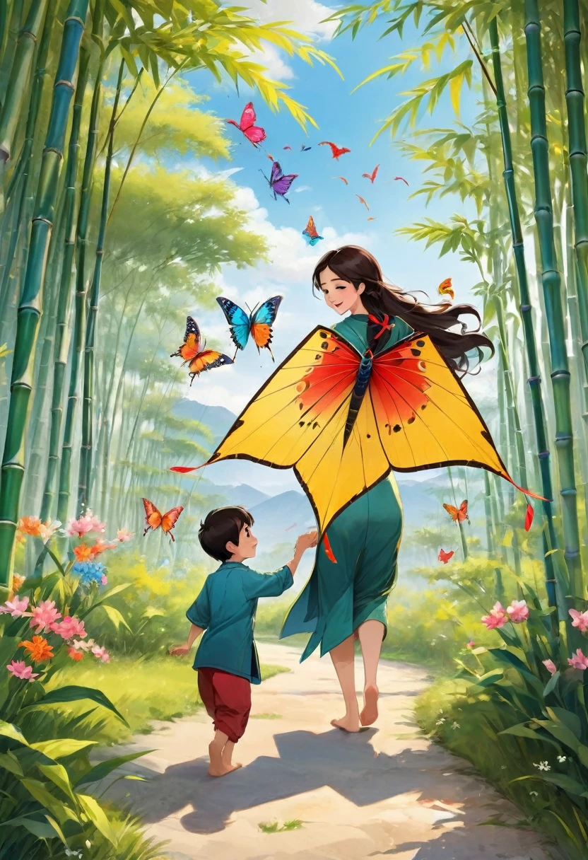 On a sunny spring day, a mother with limited family conditions made a butterfly kite for her child with bamboo skin and decorated it with colorful paper, which was exceptionally beautiful. When the child and brother were running on the grass with kites, they turned around to see their mother's smiling and satisfied face, the warm and profound maternal love conveyed through the small kite, (masterpiece, best quality, Professional, perfect composition, very aesthetic, absurdres, ultra-detailed, intricate details:1.3)