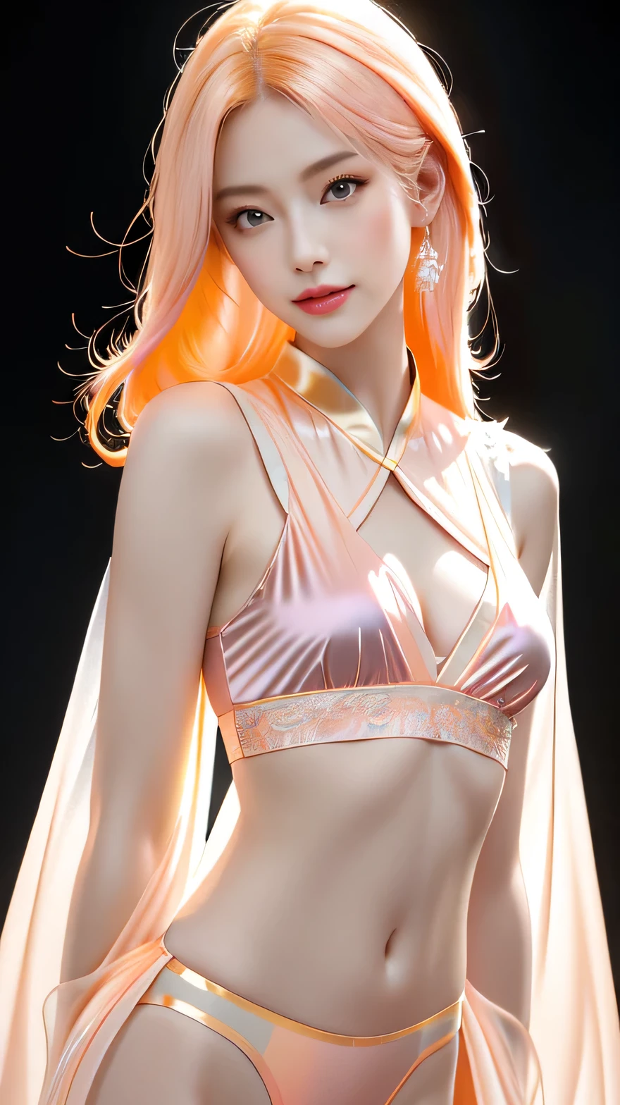 8K Ultra HD、Digital SLR Camera、soft light、high quality、Volumetric Lighting、frank、photo、high resolution、4K、8k、Bokeh,The eyes and face are very detailed,Clear eyes,Bright Eyes, Delicate lips, Smile shyly, Pretty Face,Small round face, Create stunning girl images, warm color, Very high color saturation,The legs look very long from the front,dynamic poses,Normal standing posture,black background,Chinese fairy tale women,Golden Ratio, Minimalism,Transparent and visible skin, Salmon Pink Outfits,Transparent silk long-sleeved Hanfu,Transparent underwear,crystal yellow hair、Gradient Hairstyle,Cleavage、Exposed breasts、sexy、very detailed breasts, d cup size