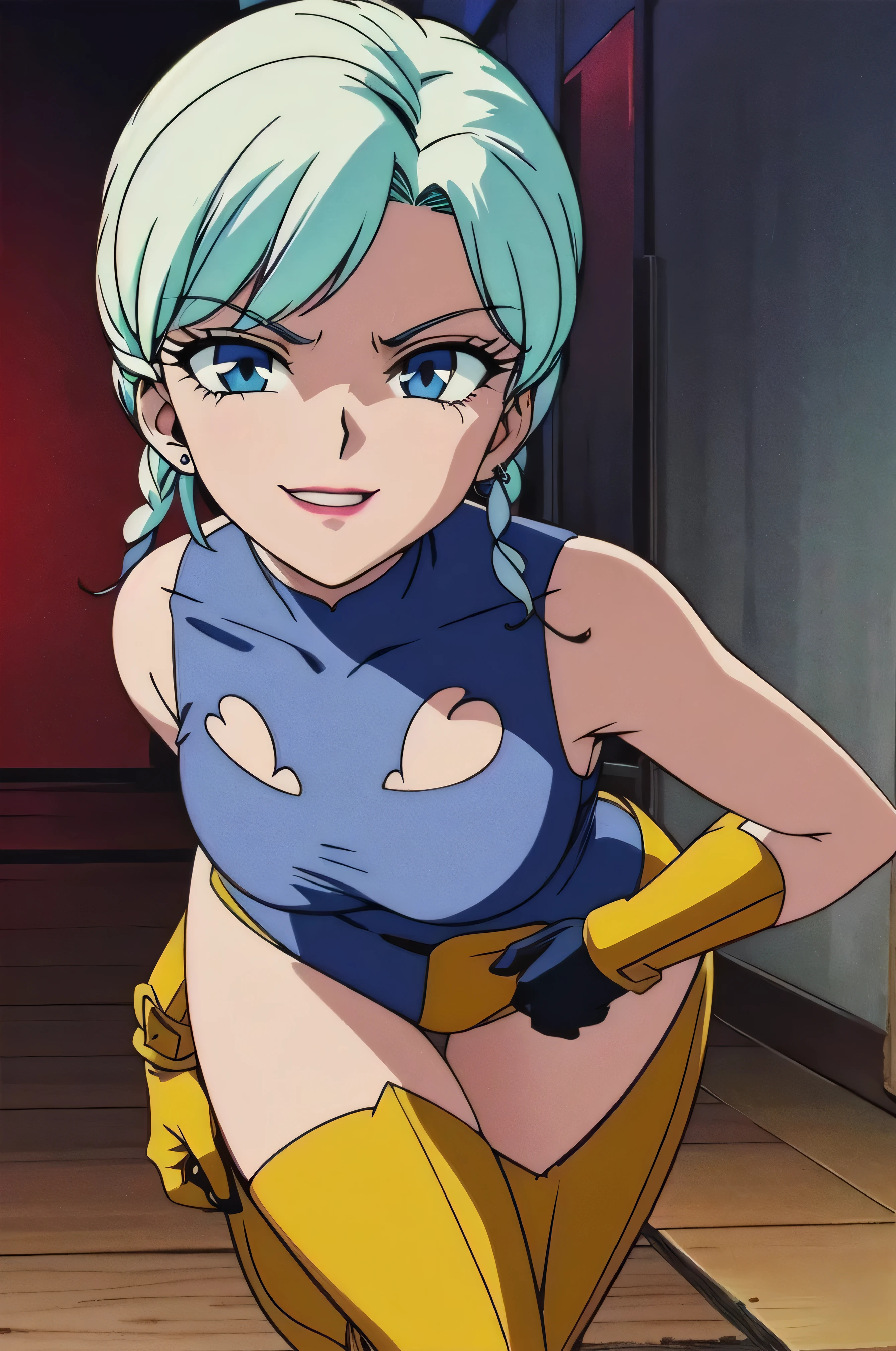 1girl, solo, facing viewer, looking at viewer,,evil smile, BERTIE,lightblue navel leotard,elbow gloves,thighhigh boots,Highly detailed CG Unity 8K wallpaper, perfect lightingofficial art,short pants,(beautiful_face:1.5),(narrow_waist),,Highly detailed CG Unity 8K wallpaper, perfect lighting, anime screencap, retro artstyle, anime coloring, traditional media,evil grin,lipstick,black and dark aura backgroud,ic,shaded face,black moon mark on forehead,