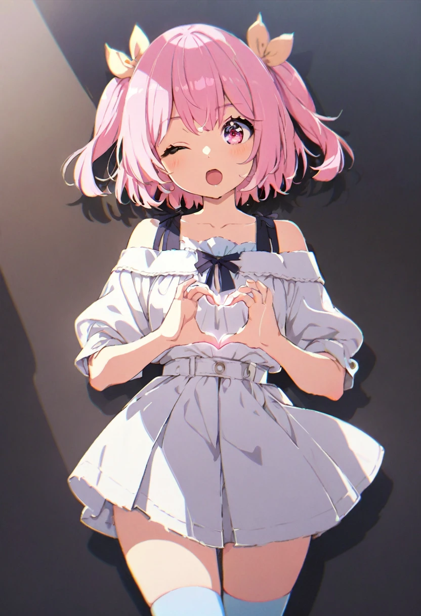 masterpiece, best quality, extremely detailed, high resolution, Japanese anime, cowboy shot,((no hat:1.3)), 1girl, BREAK ((pink hair,
blue dip-dye hair:1.3)), (short hair:1.3), (short two side up), BREAK (yellow colored 1hair bow:1.2), cute pink eyes, (tsurime, with eyelashes), (beautiful detailed eyes:1.2), BREAK (cheerful), (one eye closed:1.3), (open mouth:1.2), 17 -year-old ,166cm tall, (Curvy, busty), original character, fantasy, (pink colored background:1.2), (beautiful fingers:1.5), BREAK (off-shoulder-tops, skirts), (white colored knee-high socks), BREAK ((heart hands:1.5)), shoot from front, looking at viewer