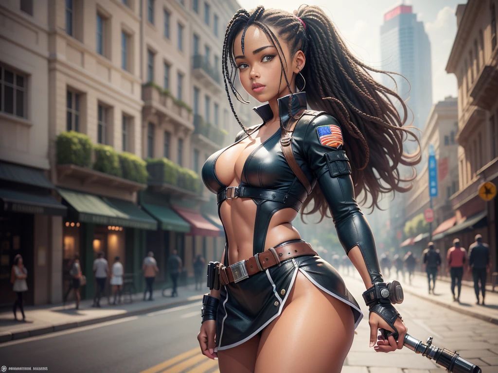 Illustrations hyper realistic, ultra detailed photograph of a BLACK woman being the character cammy from the street fighter game, military clothes, with skirt, showing the whole body, smiling, the afternoon, depth of field, HOF, hall of fame, detailed gorgeous face, scenery of an air base, natural body posture, professional photographer, captured with professional DSLR camera, trending on Artstation, k, ultra detailed, ultra accurate detailed, medium bokeh lighting, surrealism, Thomas Kinkade background, urban, ultra unreal engine, WLOP, Pauline Voss, Pascal Quidault, , Christian Schob, Martina Fackova, intricate, epic, freckles, peach fuzz, detailed mascara