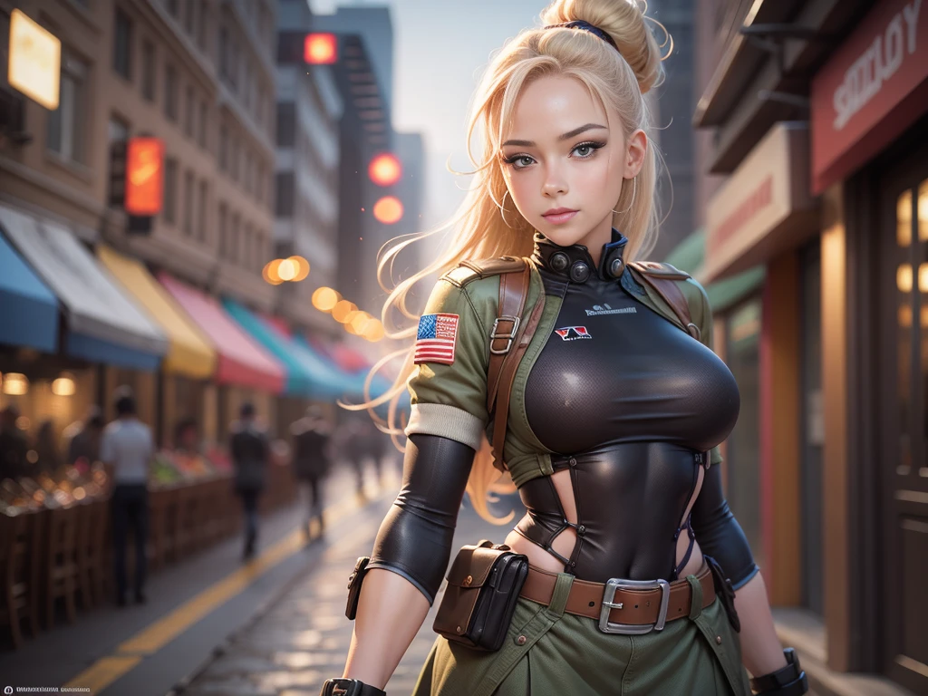 Illustrations hyper realistic, ultra detailed photograph of a BLACK woman being the character cammy from the street fighter game, military clothes, with skirt, showing the whole body, smiling, the afternoon, depth of field, HOF, hall of fame, detailed gorgeous face, scenery of an air base, natural body posture, professional photographer, captured with professional DSLR camera, trending on Artstation, k, ultra detailed, ultra accurate detailed, medium bokeh lighting, surrealism, Thomas Kinkade background, urban, ultra unreal engine, WLOP, Pauline Voss, Pascal Quidault, , Christian Schob, Martina Fackova, intricate, epic, freckles, peach fuzz, detailed mascara