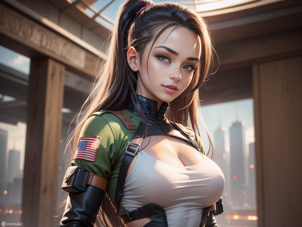 Illustrations hyper realistic, ultra detailed photograph of a BLACK woman being the character cammy from the street fighter game, military clothes, with skirt, showing the whole body, smiling, the afternoon, depth of field, HOF, hall of fame, detailed gorgeous face, scenery of an air base, natural body posture, professional photographer, captured with professional DSLR camera, trending on Artstation, k, ultra detailed, ultra accurate detailed, medium bokeh lighting, surrealism, Thomas Kinkade background, urban, ultra unreal engine, WLOP, Pauline Voss, Pascal Quidault, , Christian Schob, Martina Fackova, intricate, epic, freckles, peach fuzz, detailed mascara