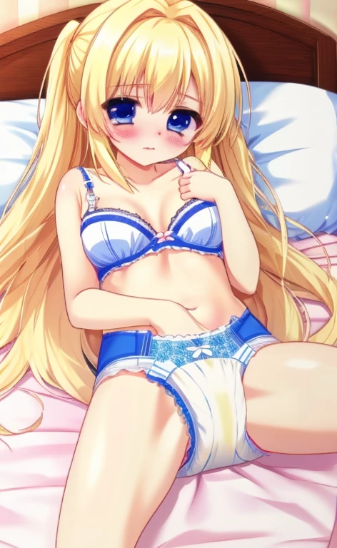 Beautiful long blonde hair Embarrassing blue eyes Tears overflow from my eyes diaper Open your legs Sleeping on the bed White bra Hand in Masturbbreasts