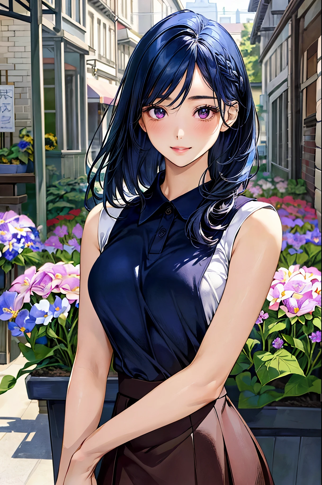 (masterpiece:1.3, top-quality, ultra high res, ultra detailed), (realistic, photorealistic:1.4), beautiful illustration, perfect lighting, natural lighting, colorful, depth of fields, , 
beautiful detailed hair, beautiful detailed face, beautiful detailed eyes, beautiful clavicle, beautiful body, beautiful chest, beautiful thigh, beautiful legs, beautiful fingers, shiny skin, 
looking at viewer, 1 girl, japanese, 22 years old, (perfect anatomy, anatomically correct, super detailed skin), cute and symmetrical face, babyface, perfect face, perfect eyes, perfect fingers,
(middle hair, straight hair, hair slicked back:1.6, blue hair), parted bangs, dark purple eyes, big eyes, drooping eyes, long eyelashes, faint lips, (large breasts, seductive thighs), outstanding style, 
(detailed cloth texture, break, navy blue and white sleeveless collared polo shirt, dark maroon tight skirt, black apron), break, 
(beautiful scenery), ((behind flower shop:1.5)), standing, (lovely smile, parted lips), 