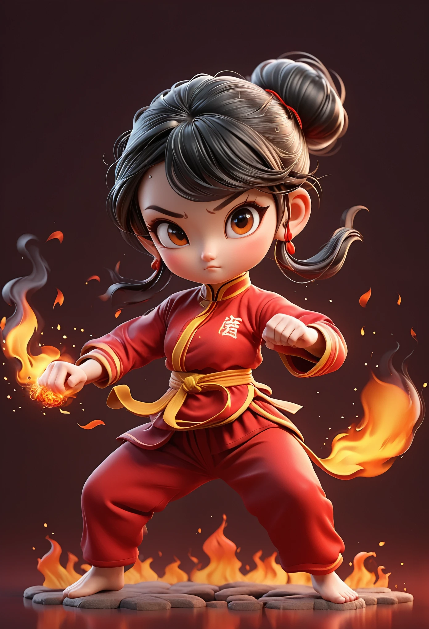 3D，Kung Fu Girl，Flames coming out of the body，Cartoon Style