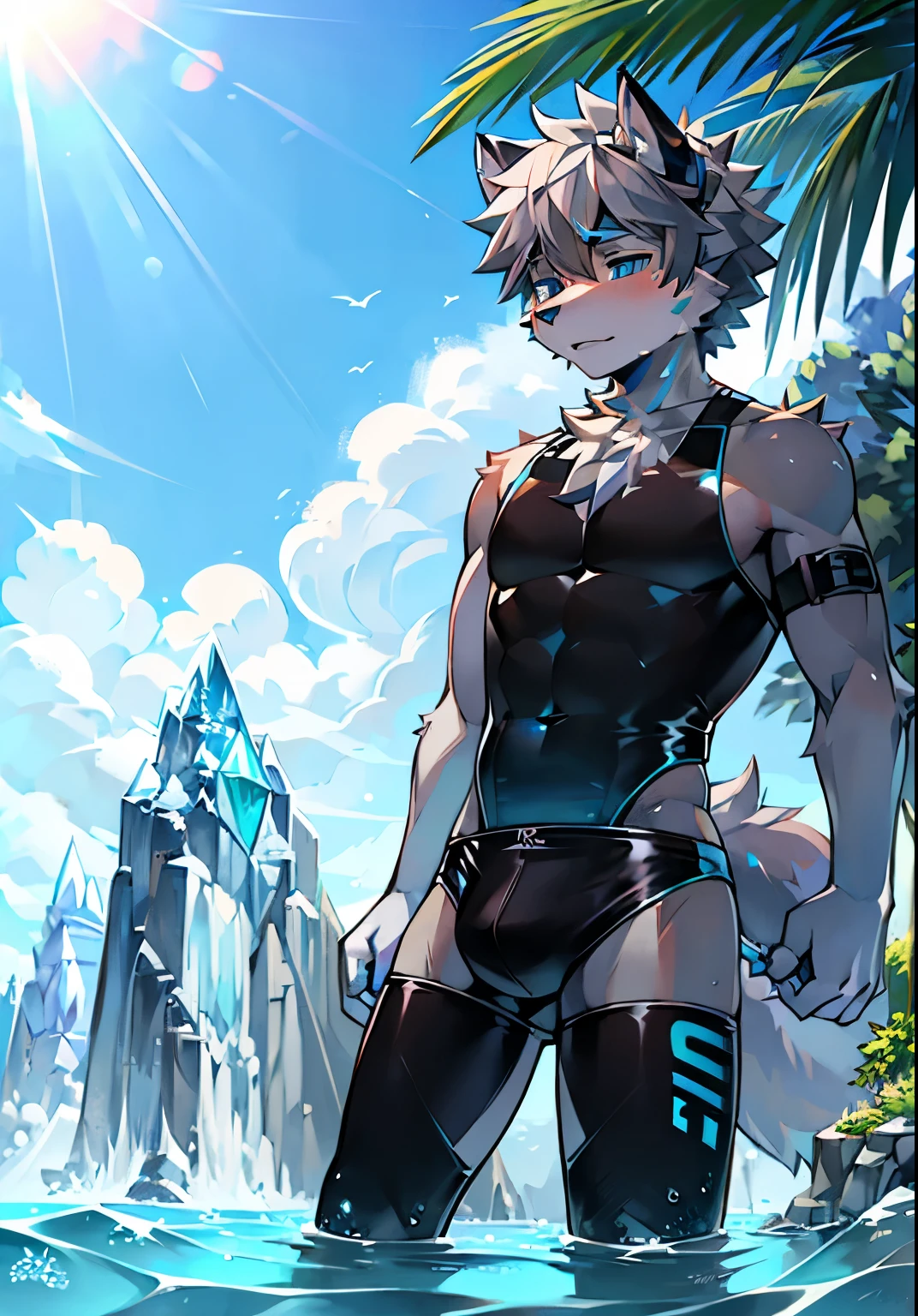 Furry,wolf boy,White fur,crystal blue eyes,Single fluffy tail,greyt hair,short detailed hair,summer day,dive,Wear diving goggles,masculine features,Squat,asshole,bulge,Sexy latex swimsuit