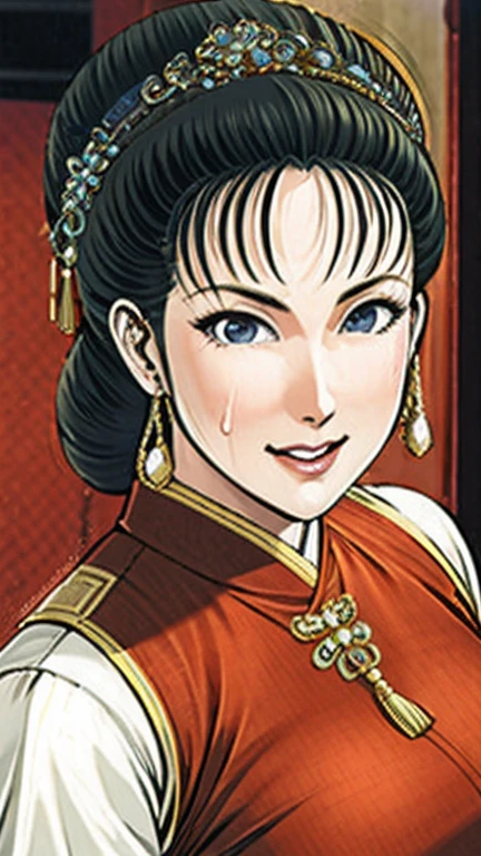 (best quality), (very aesthetic), (ultra-detailed), (best illustration),NSFW,a mature female,Perfect Face,Suikoden,Mrs. Lin,(full_body),big breast,red cheek,Sweating,skinny, chinese traditional clothes,chinese traditional style bed,