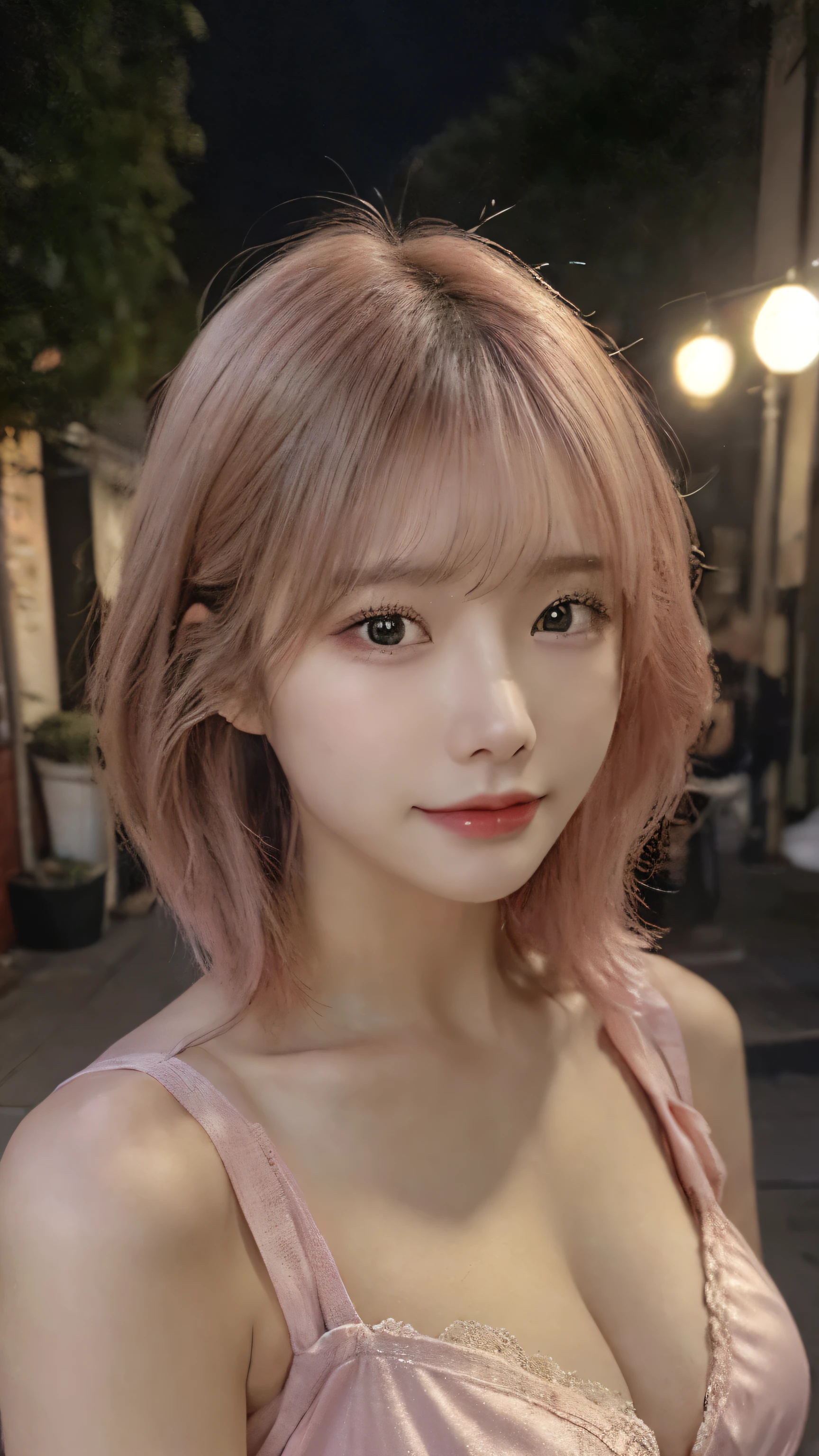 (highest quality,masterpiece:1.3,超A high resolution,),(Very detailed,Caustics),(Photorealistic:1.4,RAW shooting,)Ultra-Realistic Capture,Very detailed,High resolution 16K for human skin、 Natural skin texture、、Skin tone is even and healthy looking、 Use natural light and color,One Woman,Japanese,,cute,Pink,Middle Hair,(Written boundary depth、chromatic aberration、、Wide range of lighting、Natural Shading、)、(Outdoor lighting at night:1.4)、(Hair swaying in the wind:1)、short hair、(Exposure:3.0)、lingerie