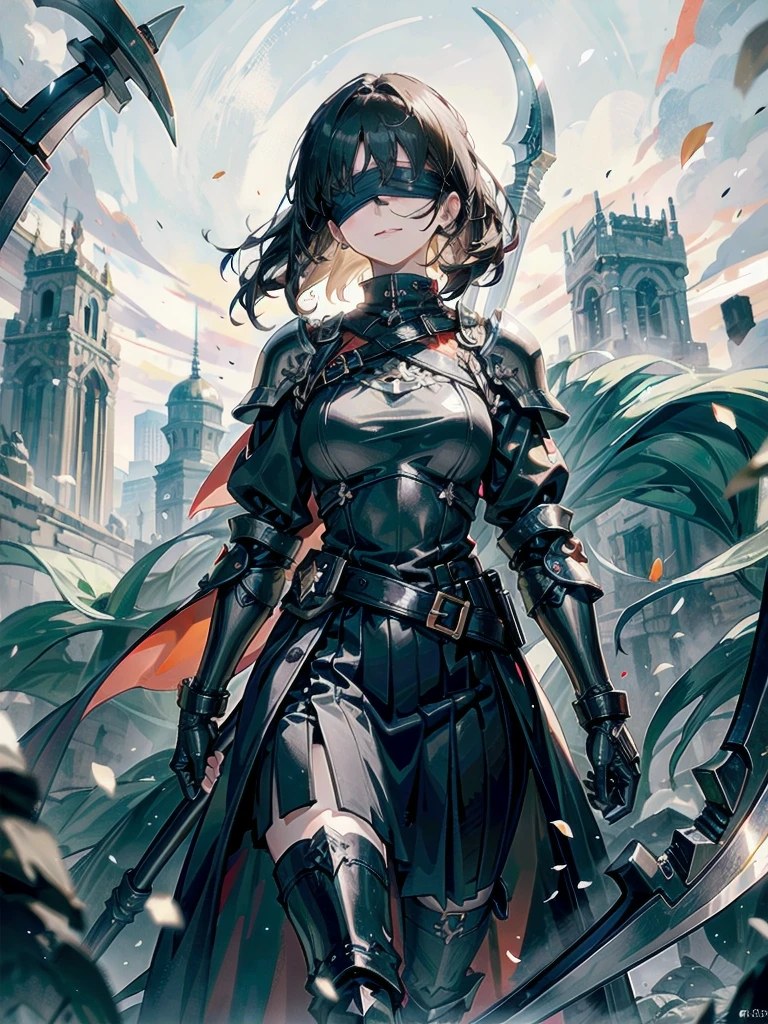 ((blindfold)), holy paladin, scythe, dark Heavy armor, absurdres, RAW photo, extremely delicate and beautiful, masterpiece, Best Quality, ultra high resolution, 32k, hyperrealistic, ultra-detailed, detailed description, pale skin, 20 years old, tearful mole, earring, Colossal tits, short medium hair, wavy hair, evil grin, whole body shot,