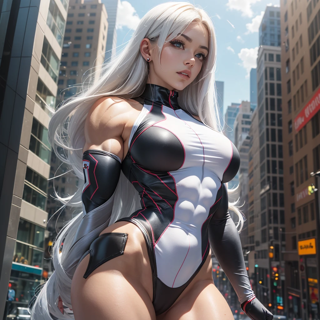 (1 female bodybuilder: 1.37),(), masterpiece, best quality, illustration, Super detailed, Fine details, high resolution, 8k wallpaper, Perfect dynamic composition, 1 Girl, Beautiful and delicate eyes, Natural lips , Mechanical fuselage, High-tech special suits, Average breast: 1.25, Lovely look: 1.3, White skin, White skin, Oily skin, Glowing skin, Texture, bule, white hair, Silver Hair, Side hairstyle, whole body, whole body, Background extremely detailed city suburbs.