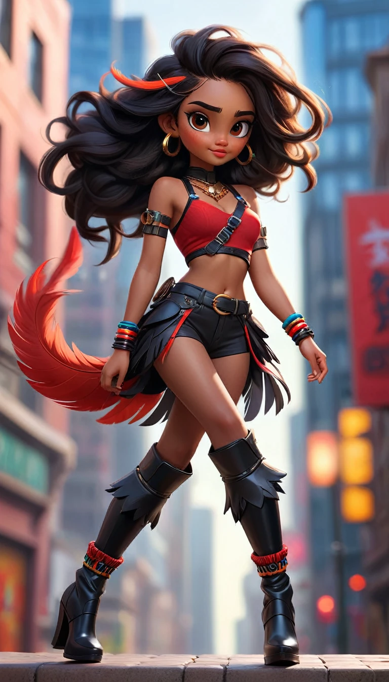 (best quality,high resolution,Super detailed,Practical:1.2),HDR,16K, Ultra HD,Studio Lighting,Extremely detailed description,professional,Bright colors,Bokeh,whole body.
Aboriginal girls in the future world, Wearing a red and black suspender belt on the upper body. Her long hair is decorated with feathers,hanging on the back. She walks confidently in high heel boots, Every step is full of authority. Her arms are decorated with unique accessories, showcase her cultural heritage. The intricate patterns on her arms speak volumes about her lineage and heritage.
The girl stands against the background of futuristic cityscape. Tall and stylish buildings point straight to the sky, Their vibrant lights illuminate their surroundings. When the aircraft whizzes by,The city is full of life and energy, Leaving colorful stripes.
The girl's eyes are full of penetrating power,Fascinating, Embody strength and wisdom. Her lips, Exquisite curves, Keeping her story secret. Every detail on the face is carefully crafted, Ensure stunning realism.
The overall composition bathes in Bright colors, Emphasize the contrast of red and black tones. The light highlights the girl’s facial features, Cast soft shadows and add depth to your scene. The Bokeh effect adds a touch of magic, Create an elegant atmosphere.
In this portrait, The fusion of local culture and futuristic aesthetics creates a unique and captivating image. Girls’ presence exudes strength and resilience, Symbolizing the inner strength of the fusion of tradition and progress.