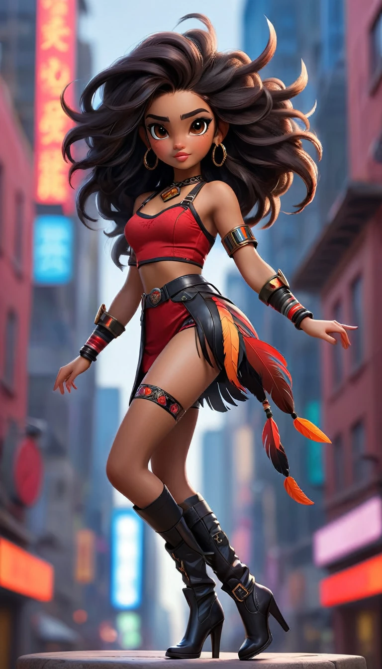 (best quality,high resolution,Super detailed,Practical:1.2),HDR,16K, Ultra HD,Studio Lighting,Extremely detailed description,professional,Bright colors,Bokeh,whole body.
Aboriginal girls in the future world, Wearing a red and black suspender belt on the upper body. Her long hair is decorated with feathers，hanging on the back. She walks confidently in high heel boots, Every step is full of authority. Her arms are decorated with unique accessories, showcase her cultural heritage. The intricate patterns on her arms speak volumes about her lineage and heritage.
The girl stands against the background of futuristic cityscape. Tall and stylish buildings point straight to the sky, Their vibrant lights illuminate their surroundings. When the aircraft whizzes by，The city is full of life and energy, Leaving colorful stripes.
The girl&#39;s eyes are full of penetrating power，Fascinating, Embody strength and wisdom. Her lips, Exquisite curves, Keeping her story secret. Every detail on the face is carefully crafted, Ensure stunning realism.
The overall composition bathes in Bright colors, Emphasize the contrast of red and black tones. The light highlights the girl’s facial features, Cast soft shadows and add depth to your scene. The Bokeh effect adds a touch of magic, Create an elegant atmosphere.
In this portrait, The fusion of local culture and futuristic aesthetics creates a unique and captivating image. Girls’ presence exudes strength and resilience, Symbolizing the inner strength of the fusion of tradition and progress.