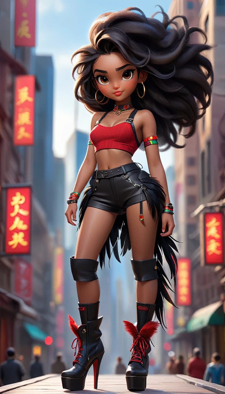 (best quality,high resolution,Super detailed,Practical:1.2),HDR,16K, Ultra HD,Studio Lighting,Extremely detailed description,professional,Bright colors,Bokeh,whole body.
Aboriginal girls in the future world, Wearing a red and black suspender belt on the upper body. Her long hair is decorated with feathers,hanging on the back. She walks confidently in high heel boots, Every step is full of authority. Her arms are decorated with unique accessories, showcase her cultural heritage. The intricate patterns on her arms speak volumes about her lineage and heritage.
The girl stands against the background of futuristic cityscape. Tall and stylish buildings point straight to the sky, Their vibrant lights illuminate their surroundings. When the aircraft whizzes by,The city is full of life and energy, Leaving colorful stripes.
The girl's eyes are full of penetrating power,Fascinating, Embody strength and wisdom. Her lips, Exquisite curves, Keeping her story secret. Every detail on the face is carefully crafted, Ensure stunning realism.
The overall composition bathes in Bright colors, Emphasize the contrast of red and black tones. The light highlights the girl’s facial features, Cast soft shadows and add depth to your scene. The Bokeh effect adds a touch of magic, Create an elegant atmosphere.
In this portrait, The fusion of local culture and futuristic aesthetics creates a unique and captivating image. Girls’ presence exudes strength and resilience, Symbolizing the inner strength of the fusion of tradition and progress.