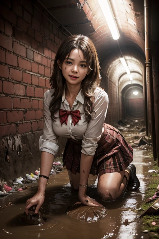 waistband of skirt is at the point above chest , school girl big breast , red knot , red bow , skirt dark red , plaid skirt , pleated skirt , dirty white Shirt , realisitic、top-quality、crisp photos、((Brick underground tunnel、Foul-smelling sewer、Littered with filth、Sewage channels full of feces、a lot of garbage and junk、The dirtiest sewer))、Bricks are covered with moss、((beautiful a girl、Constricted waist、Neat face、Most beautiful face、Elaborate face、dense dirty brown hair、Refreshing look、Pleasant look、Happy expression、Joy covered in filth、Glad to get dirty))、(dirty school girl uniform、Tangier、brawn hair)、Lying face down on filth、Girl with beautiful ass、Scoop out filth with both hands、Beautiful girl's hair is covered in mud、The joy of lying in dirty sewage))、(((I want to smear filth all over my body.、A large amount of sewage flows down the head、The whole body is full of filth、Stick out your buttocks and open your legs、a large amount of dirty garbage and waste,,、Heaps of garbage))