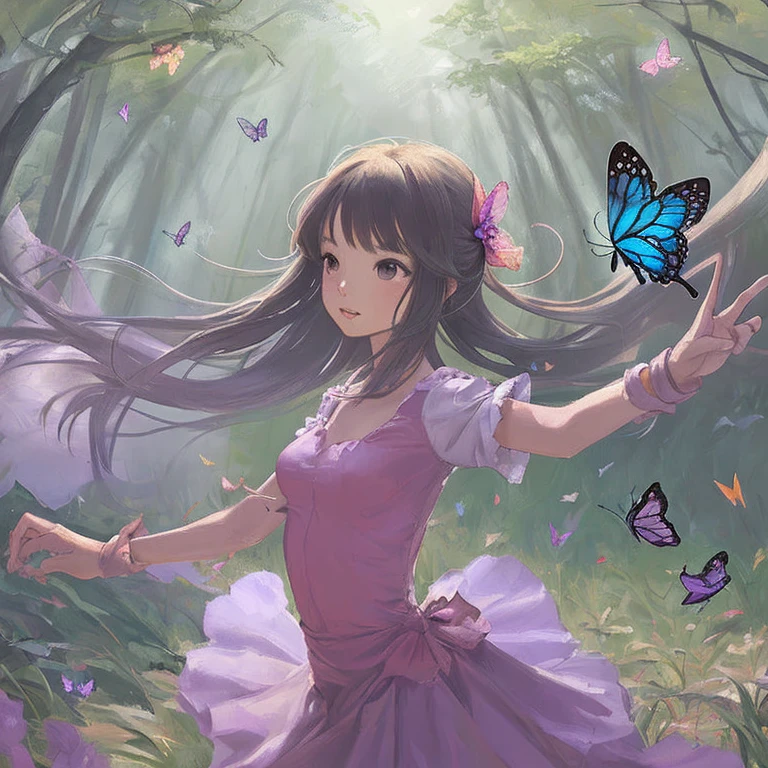 draw a girl , dancing in a clearing with butterflies