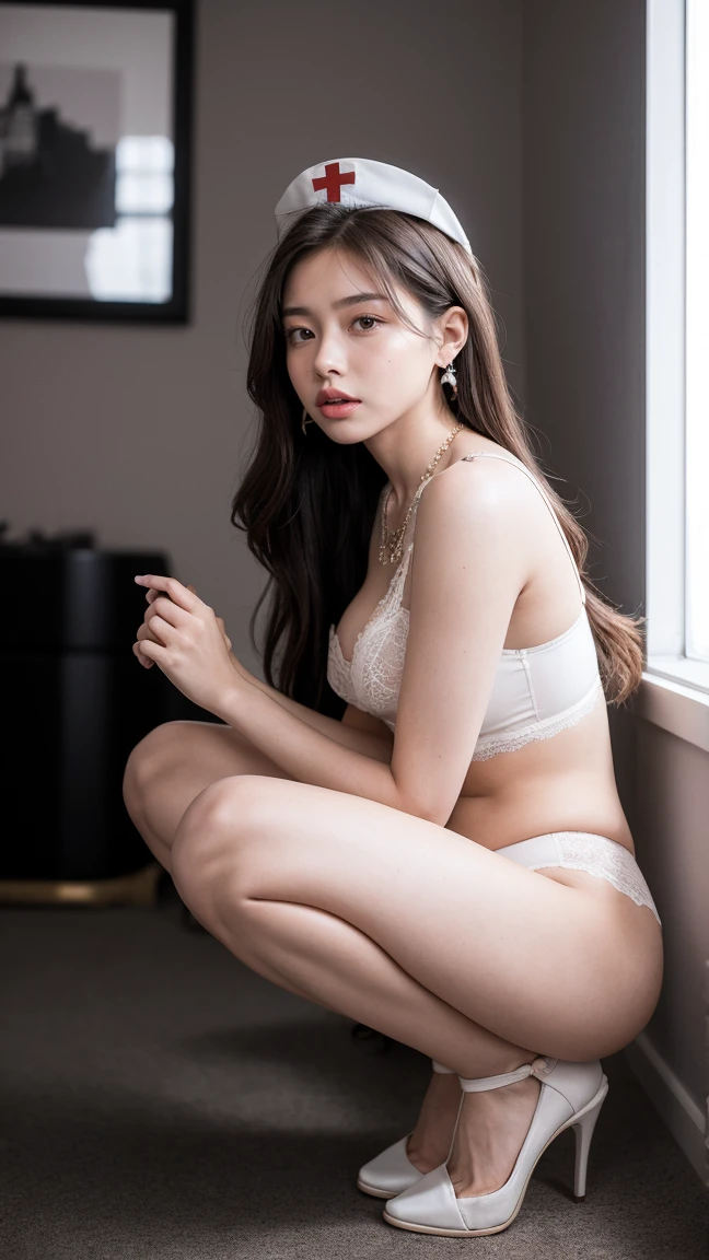 Female, 18 years old, Masterpiece:1.4, long brown hair, (squatting:1.4), on the heels, Legs spread apart..), lace underwear, gigantic bust:1.5, sexy butt hips, necklace, cute earrings, Nurse Cap, White lace bra, white stilettos, in the office, raw photos, in the dark, deep shadow, low voice, cool light,