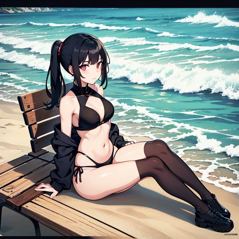 Anime girl with black hair, sits on a bench ,sand ,sea , the water hits the shore , in a swimsuit , 4K best quality ,ultra-detailed ,