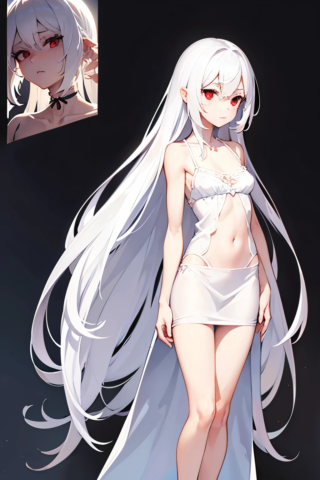 Character design, female, long white hair, wearing a short white lace dress with spaghetti straps, red eyes, small frame, very skinny, detailed, best quality, no accesoires around the neck, prominent collarbones, skinny arms, flat stomach, full body