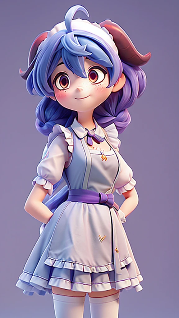 ((8K,masterpiece, best quality)),
1girl, solo, ganyu (genshin impact), breasts, horns, maid, long hair, thighhighs, blue hair, ahoge, looking at viewer, white thighhighs, holding, blush, maid headdress, apron, alternate costume, frills, cleavage, enmaided, bangs, dress, short sleeves, zettai ryouiki, black dress, purple eyes, medium breasts, goat horns, frilled dress, very long hair, standing, puffy sleeves, closed mouth, maid apron, sidelocks, white apron, cowboy shot, puffy short sleeves, simple background, red eyes, frilled apron, hair between eyes,