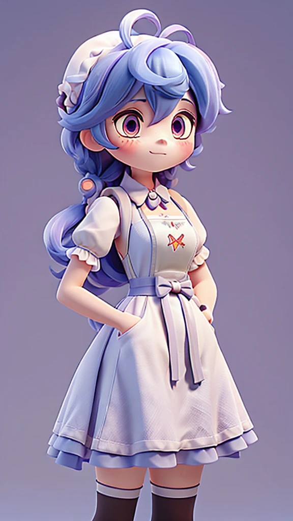 ((8K,masterpiece, best quality)),
1girl, solo, ganyu (genshin impact), breasts, horns, maid, long hair, thighhighs, blue hair, ahoge, looking at viewer, white thighhighs, holding, blush, maid headdress, apron, alternate costume, frills, cleavage, enmaided, bangs, dress, short sleeves, zettai ryouiki, black dress, purple eyes, medium breasts,  goat horns, frilled dress, very long hair, standing, puffy sleeves, closed mouth, maid apron, sidelocks, white apron, cowboy shot, puffy short sleeves, simple background, red eyes, frilled apron, hair between eyes,