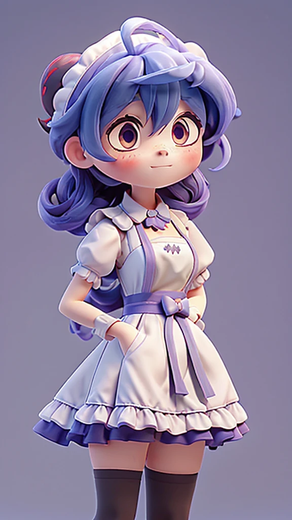 ((8K,masterpiece, best quality)),
1girl, solo, ganyu (genshin impact), breasts, horns, maid, long hair, thighhighs, blue hair, ahoge, looking at viewer, white thighhighs, holding, blush, maid headdress, apron, alternate costume, frills, cleavage, enmaided, bangs, dress, short sleeves, zettai ryouiki, black dress, purple eyes, medium breasts, goat horns, frilled dress, very long hair, standing, puffy sleeves, closed mouth, maid apron, sidelocks, white apron, cowboy shot, puffy short sleeves, simple background, red eyes, frilled apron, hair between eyes,