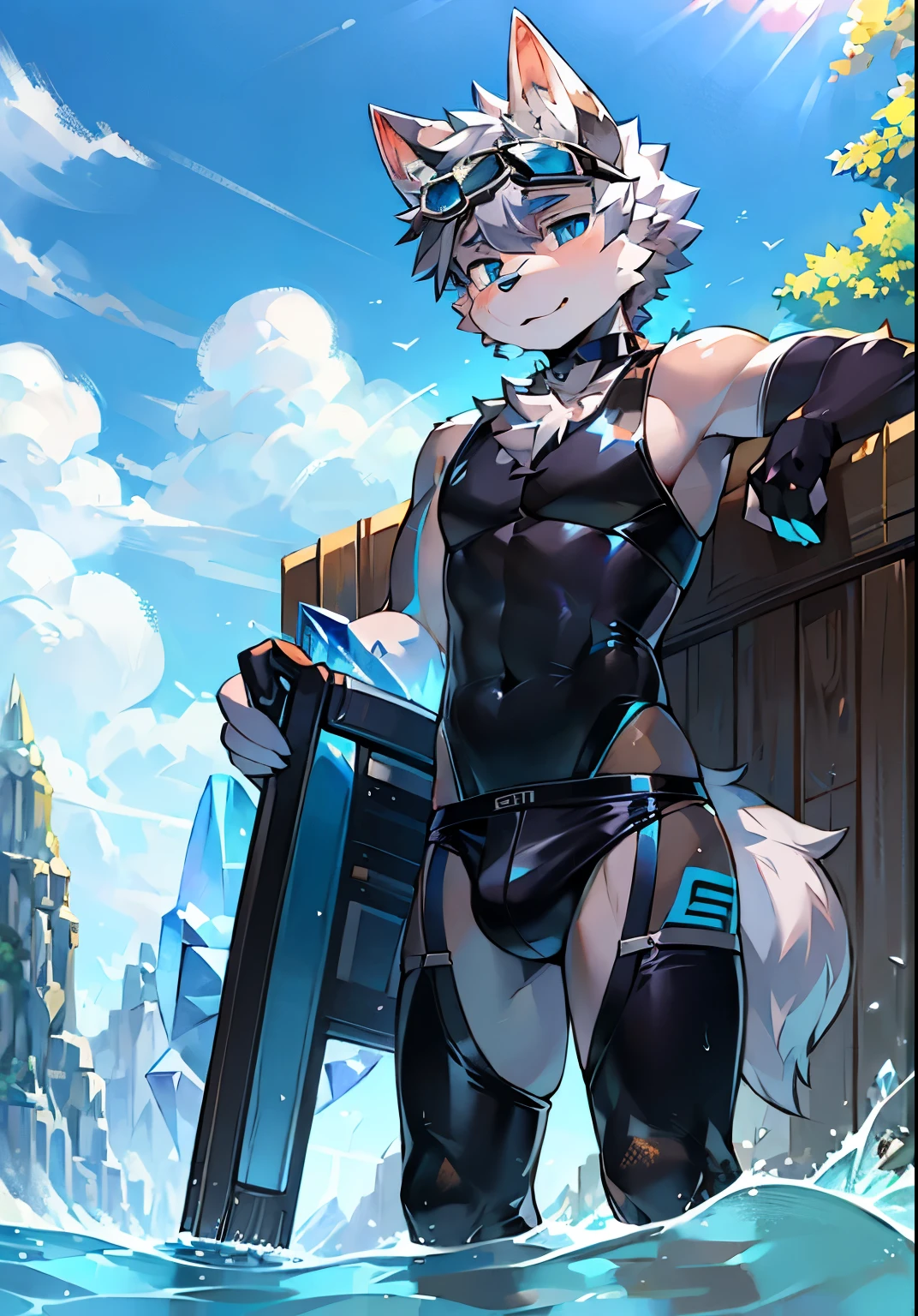 Furry,wolf boy,White fur,crystal blue eyes,Single fluffy tail,greyt hair,short detailed hair,summer day,dive,Wear diving goggles,masculine features,Squat,asshole,bulge,Sexy latex swimsuit