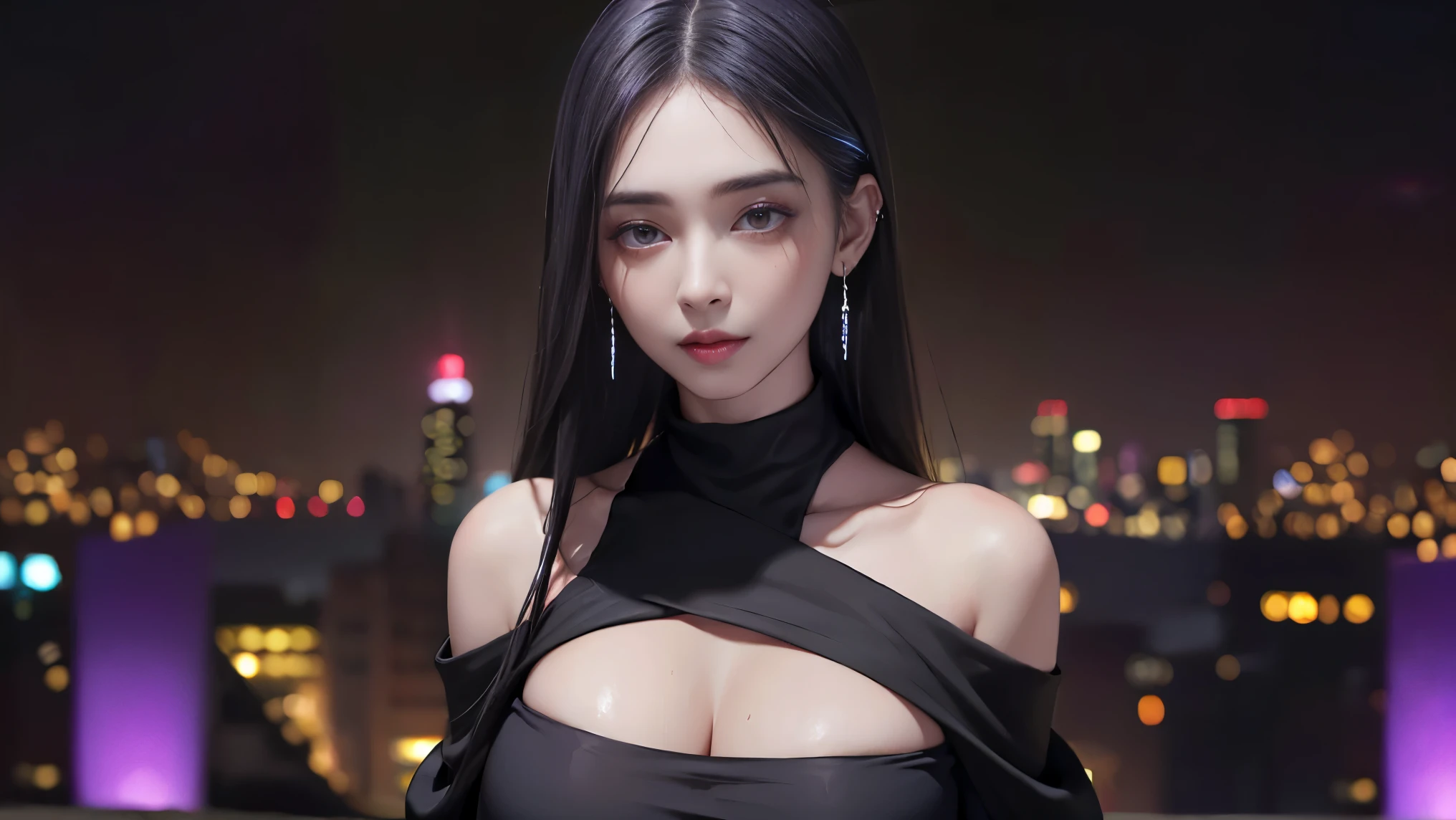 4K ultra - clear、best quality, masterpiece, Ultra-high resolution, (Reality: 1.4),  1 girl, Purple Eyes, Off-the-shoulder sweater dress, Movie Lighting、purple and black hair、(My girl、Gothic Makeup、My cosmetics)、(Ear piercing、Large Breasts、Oversized off-the-shoulder black T-shirt、Dark miniskirt)、((Dark Makeup、Oily skin,sparkling skin、Realistic skin texture、Delicate and beautiful skin、Glowing skin)), Dark city center at night、Kabukicho、Dark cyberpunk、(panoramic:1.8)、Thin legs、Thin arms、Thin shoulders、Thin waist、slim body、Large Breasts、whole body