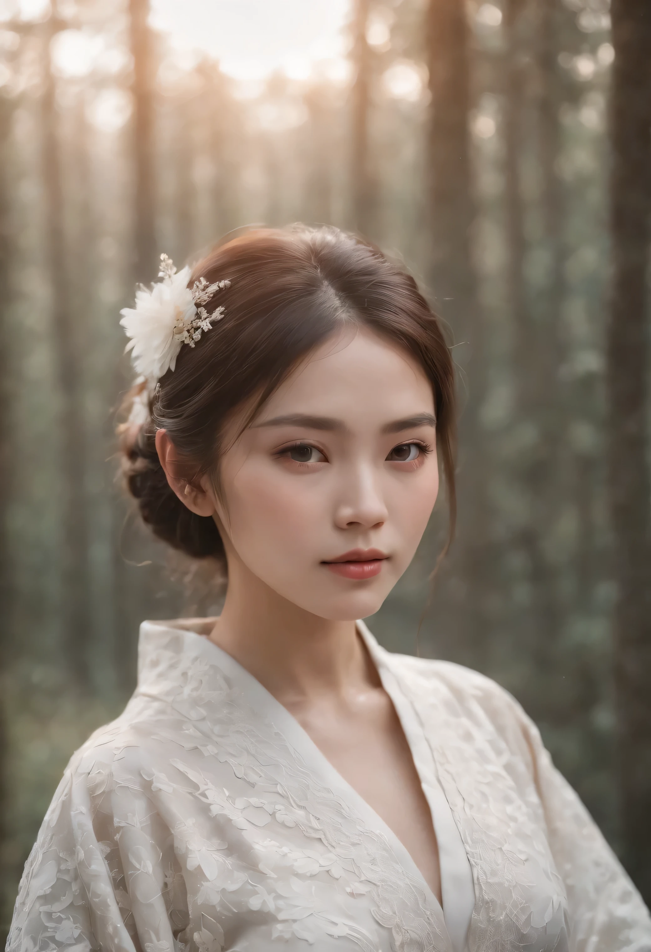 Realistic portrait, Official Art, Unity 8k wallpaper, super detailed, beautiful, beautiful Asian girl, focused on detailed face, has a little to no darkspots, wearing black clothing, facing camera and looking at camera, 3/4 angle, masterpiece, best quality, dark, atmospheric, mystical, romantic, creepy, literature, art, fashion, show era, decoration, intricacies, fur products, lace, contemplation, emotional depth, supernatural, kimono 1girl, solo, neck, bust composition, Realistic, bokeh, lens_flare,Natural light,portrait,Grey Film filter,(KODAK Ektar 100:1.2)