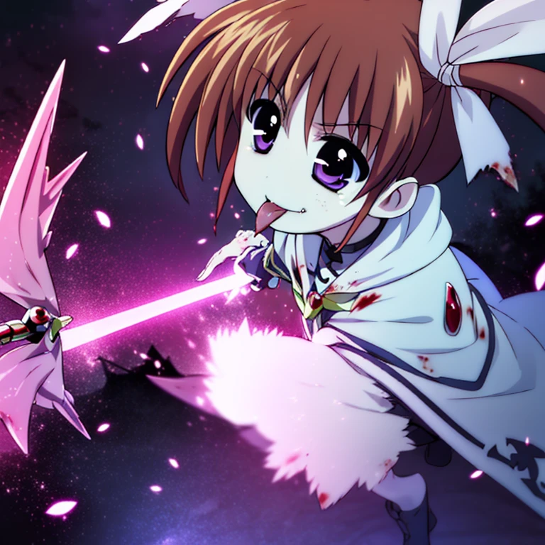 takamachi nanoha,Remilia,Vampire Cloak,Vampire Dress,Pure-blooded vampire,Sharpening sharp claws,With an evil smile,Vampire Castle,Licking blood with tongue,Blood return