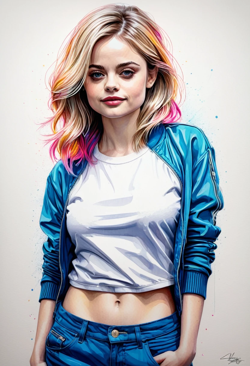 A beautiful young woman, combination of Erin Moriarty:0.9, joey king:0.7, Rachael Taylor:1.2 full body portrait, line art, high-quality ink drawing, ultra-detailed, realistic shading, vibrant colors, elegant posture, hanging out, vivid colors, flat image, Looking at the viewer in hip-hop style streetwear, long hair