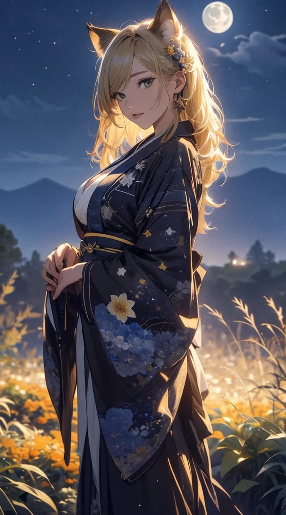 masterpiece, high quality, 4K, Beautiful design, silhouette，blonde， 非常に詳細な夜のStarry Sky,Flower Field， wonderful, Finer details,  Very knowledgeable woman, Highly detailed solo, 1 female,Cat ear，Big Breasts，kimono，Night view，Starry Sky，full moon，