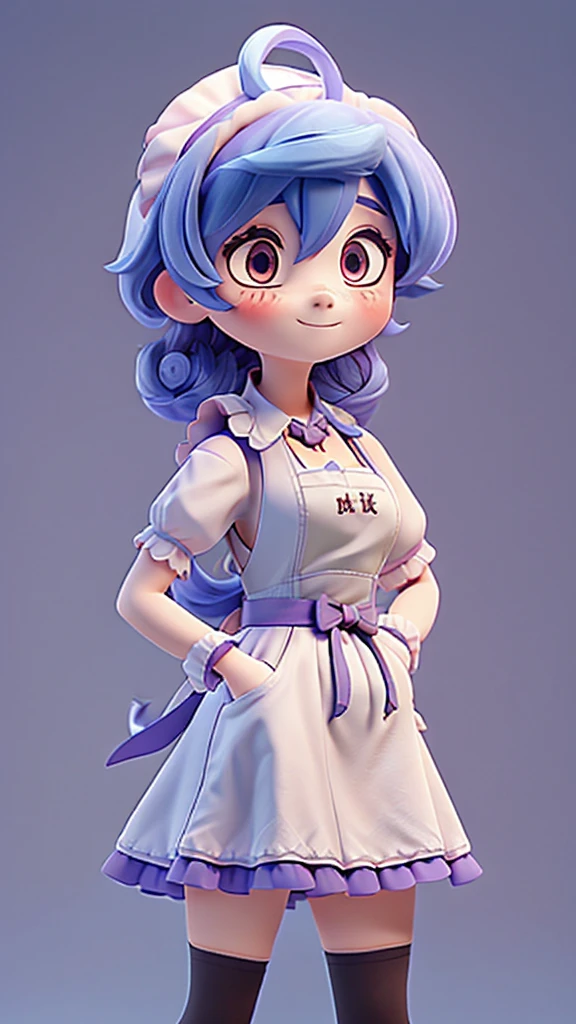 ((8K,masterpiece, best quality)),
1girl, solo, ganyu (genshin impact), breasts, horns, maid, long hair, thighhighs, blue hair, ahoge, looking at viewer, white thighhighs, holding, blush, maid headdress, apron, alternate costume, frills, cleavage, enmaided, bangs, dress, short sleeves, zettai ryouiki, black dress, purple eyes, medium breasts, goat horns, frilled dress, very long hair, standing, puffy sleeves, closed mouth, maid apron, sidelocks, white apron, cowboy shot, puffy short sleeves, simple background, red eyes, frilled apron, hair between eyes,