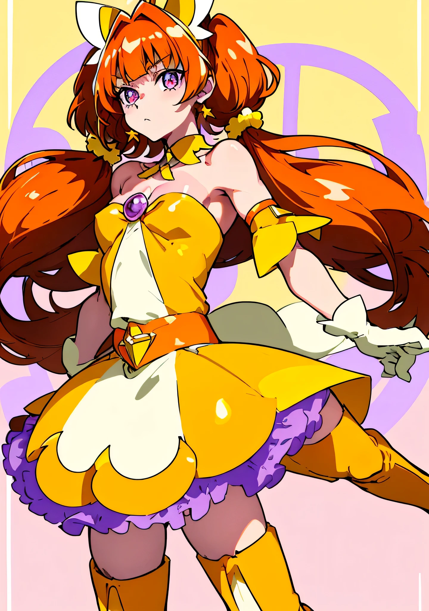 Cartoon image of a boy in an orange, yellow and purple dress、He has orange-brown half-pigtails.、A boy with long orange hair with a brown gradient、Purple eyed boy、Official Art、Sparkling Magical Boy、Official artwork、prince of the galaxy、Anime Prince、Headquarters artwork、Sexy vibe、Symphogear Flavor、cool anime boy、Fan art、Tall Boy、A boy is standing、Muscular man、Beautiful、Orange and yellow and purple costumes、JewelryBrooch、strapless dress、Purple mini skirt with yellow ruffle layers、V-line around the waist、Dress Up Darling Anime、Separated collar、Bare shoulders、Pale yellow gloves、Pale yellow knee-high boots、Promotional Art、Full body close-up、looking at viewer、Anime Bishonen、Cowboy Shot、Male focus、solo、Strong body、((Male body:1.3))、perfect hands、