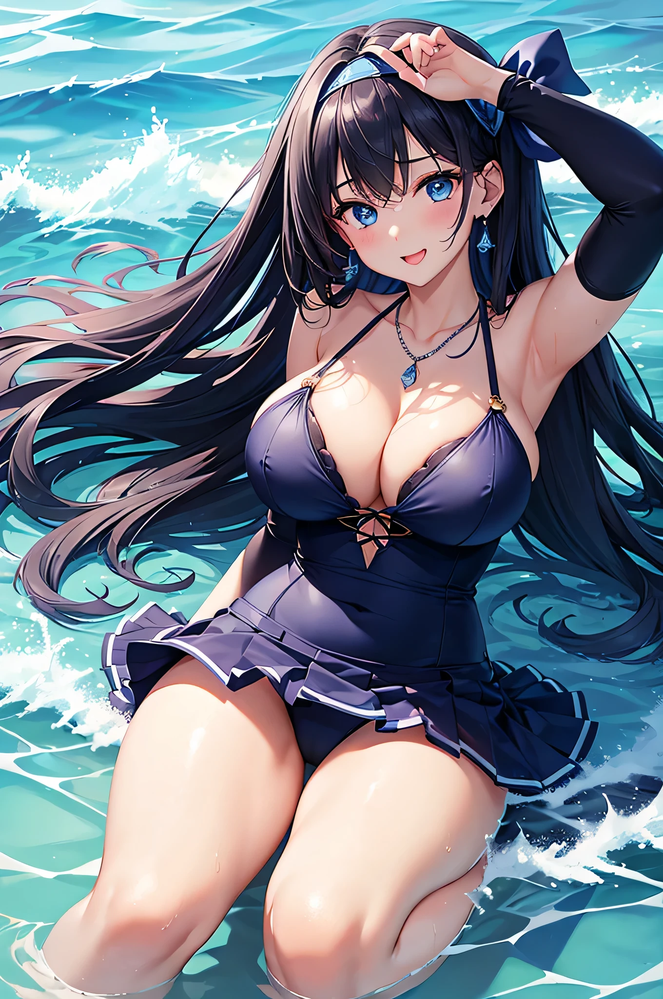 highest quality、highest quality、masterpiece、beautiful girl、((1 female:1.5))、Navy blue long hair、blue eyes、Dark blue sexy bikini、Big cleavage、(Big Breasts),smile、necklace、Blue Earrings、situation(swim in the sea、Waveless sea)、((Please open your mouth wide))、Navy blue short skirt、White headband、Stand up and dip your feet in seawater up to your thighs、super close range