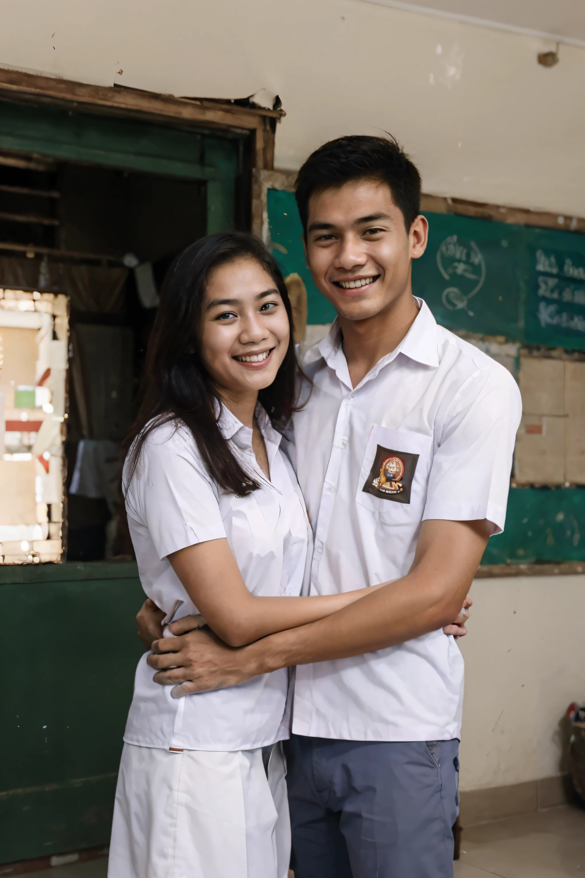 masterpiece, best quality, highres, 1boy and 1girl, couple hug, wearing indonesian high school, smile, dynamic pose, good hand angle, upperbody white shirt