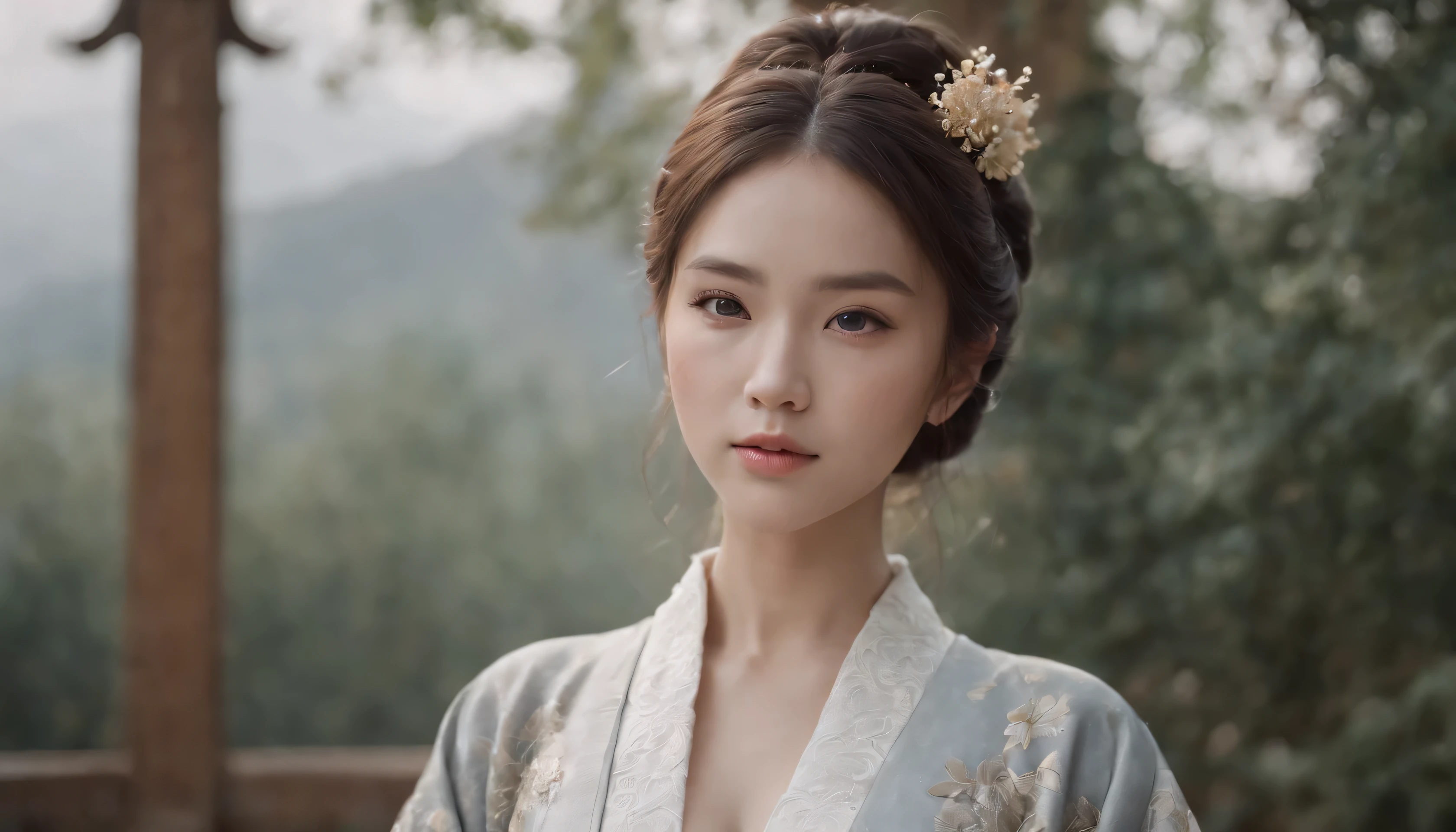 Realistic portrait, Official Art, Unity 8k wallpaper, super detailed, beautiful, beautiful Asian girl, focused on detailed face, has a little to no darkspots, wearing black clothing, facing camera and looking at camera, 3/4 angle, masterpiece, best quality, dark, atmospheric, mystical, romantic, creepy, literature, art, fashion, show era, decoration, intricacies, fur products, lace, contemplation, emotional depth, supernatural, kimono 1girl, solo, neck, bust composition, Realistic, bokeh, lens_flare,Natural light,portrait,Grey Film filter,(KODAK Ektar 100:1.2)