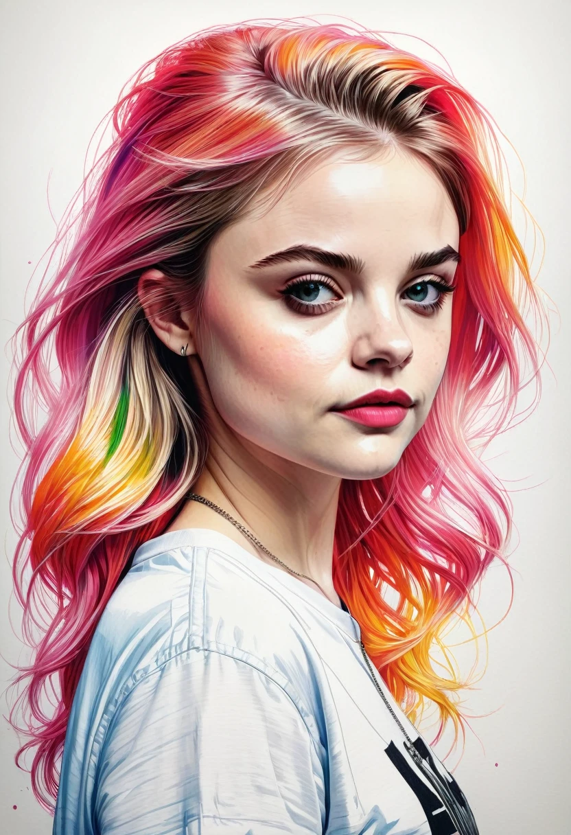 A beautiful young woman, combination of Erin Moriarty:0.9, joey king:0.7, Rachael Taylor:1.2 full body portrait, line art, high-quality ink drawing, ultra-detailed, realistic shading, vibrant colors, elegant posture, hanging out, vivid colors, flat image, Looking at the viewer in hip-hop style streetwear, long hair