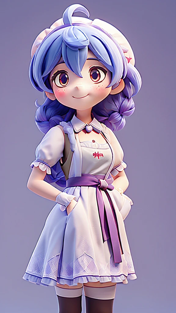 ((8K,masterpiece, best quality)),
1girl, solo, ganyu (genshin impact), breasts, horns, maid, long hair, thighhighs, blue hair, ahoge, looking at viewer, white thighhighs, holding, blush, maid headdress, apron, alternate costume, frills, cleavage, enmaided, bangs, dress, short sleeves, zettai ryouiki, black dress, purple eyes, medium breasts, goat horns, frilled dress, very long hair, standing, puffy sleeves, closed mouth, maid apron, sidelocks, white apron, cowboy shot, puffy short sleeves, simple background, red eyes, frilled apron, hair ween eyes,