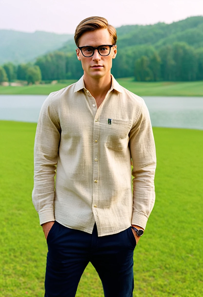 Generate an ultra-realistic image of a 30-year-old white man, depicted half-length in a field at midday. The man has straight light brown hair, a thin and delicate masculine nose, and is looking straight ahead with a calm expression. His face is smooth and cleanly shaven. The man is wearing a beige linen shirt with slight wrinkles in the fabric and the sleeve of the shirt is adjusted to his arms, as he has a discreetly muscular physique and defined arms, with a toned and defined body like that of an athlete. He wears black pants, with details and textures in the fabric that bring a vision of reality. He is wearing glasses with a perfect, symmetrical black frame, with clear, translucent lenses. He is comfortably enjoying the scenery with a serene expression on his face. The image must be created half-length. Behind him is a lake. Blurred background with bokeh effect. The image must be captured in 8K resolution, using a Sony Alpha A7R III camera, to ensure every detail, and must reflect the style and photographic quality characteristic of renowned photographer David Lachapelle.