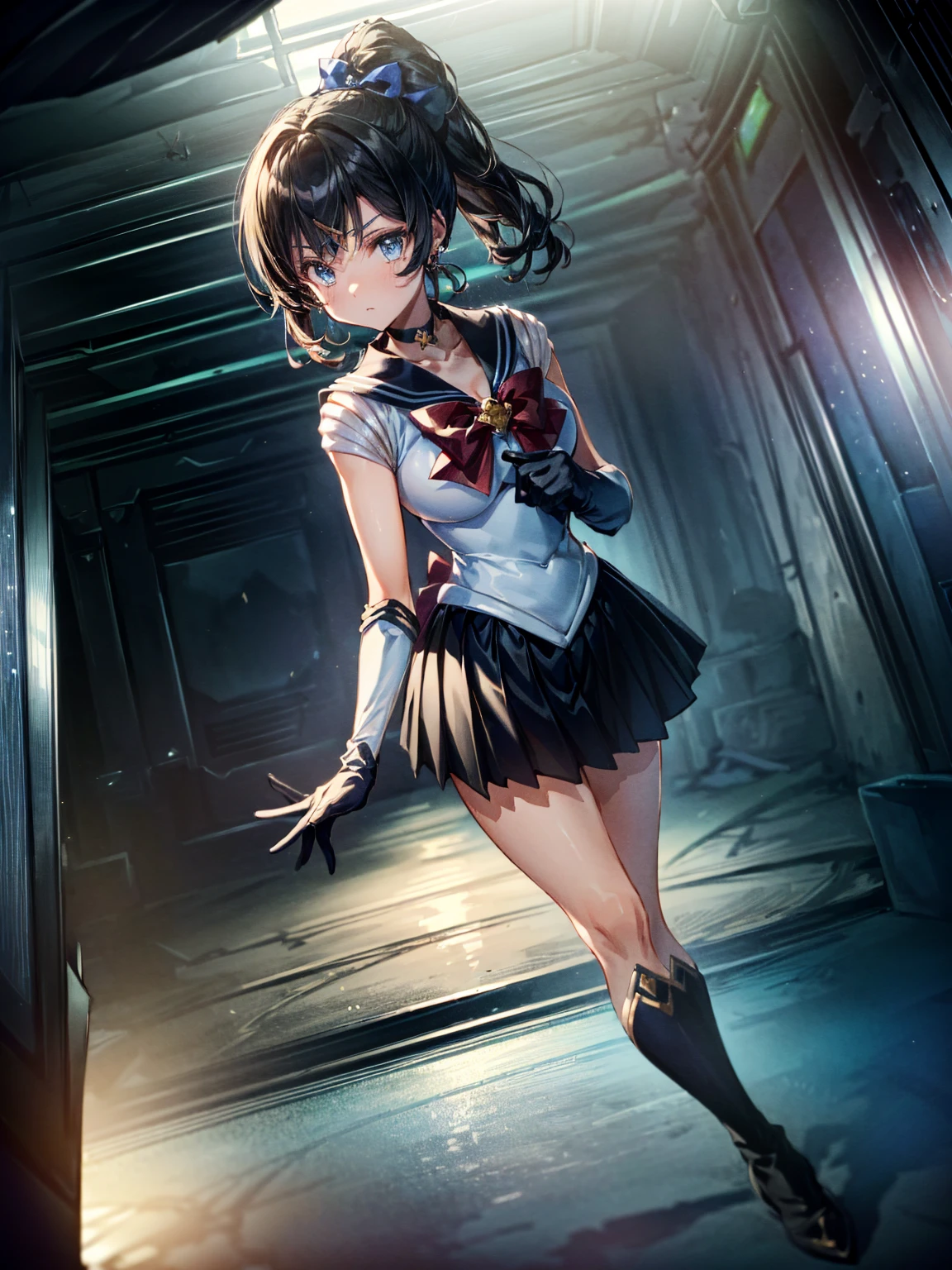 Perfect Anatomy,(8k, highest quality, masterpiece:1.2),\(Beautiful Eyes\),\(Facial Features\),(\(Costume details Details\)\),(Lesbians with big , Super Skirt,Super Sailor Moon Costume,(Face Focus) ,Very detailedな CG Unity 8k 壁紙,Large file size,Very detailed,High resolution,Absurd,Beautiful Eyes,Ray Tracing,Dramatic Shadows,Down to the last detail,elevation,Hyper Detail,(alone),Anime Style、Long Straight Hair:1.4、Black Hair、Black sailor collar、Black Absolute Short Mini Scarbow Gloves、(In the research facility:1.4)