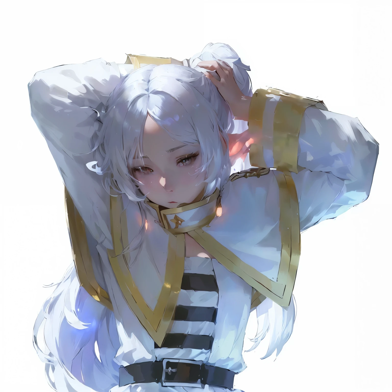 anime girl with white hair and a white dress holding her head, relaxed dwarf with white hair, guweiz, crisp clear rpg portrait, white haired deity, ayanami, anime character, detailed anime character art, anime character art, made with anime painter studio, silver hair (ponytail), dwarf with white hair, white hair floating in air, ayaka genshin impact