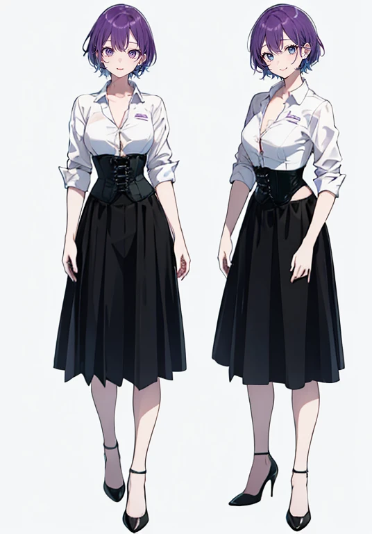 Purple hair,short hair,Adult female,(bartender),((Roll up your shirt sleeves)),(Rolling up the sleeves of his shirt),(corset),(skirt),(High heels),((Simple Background)),smile,((whole body)),((full body)),Character Sheet,