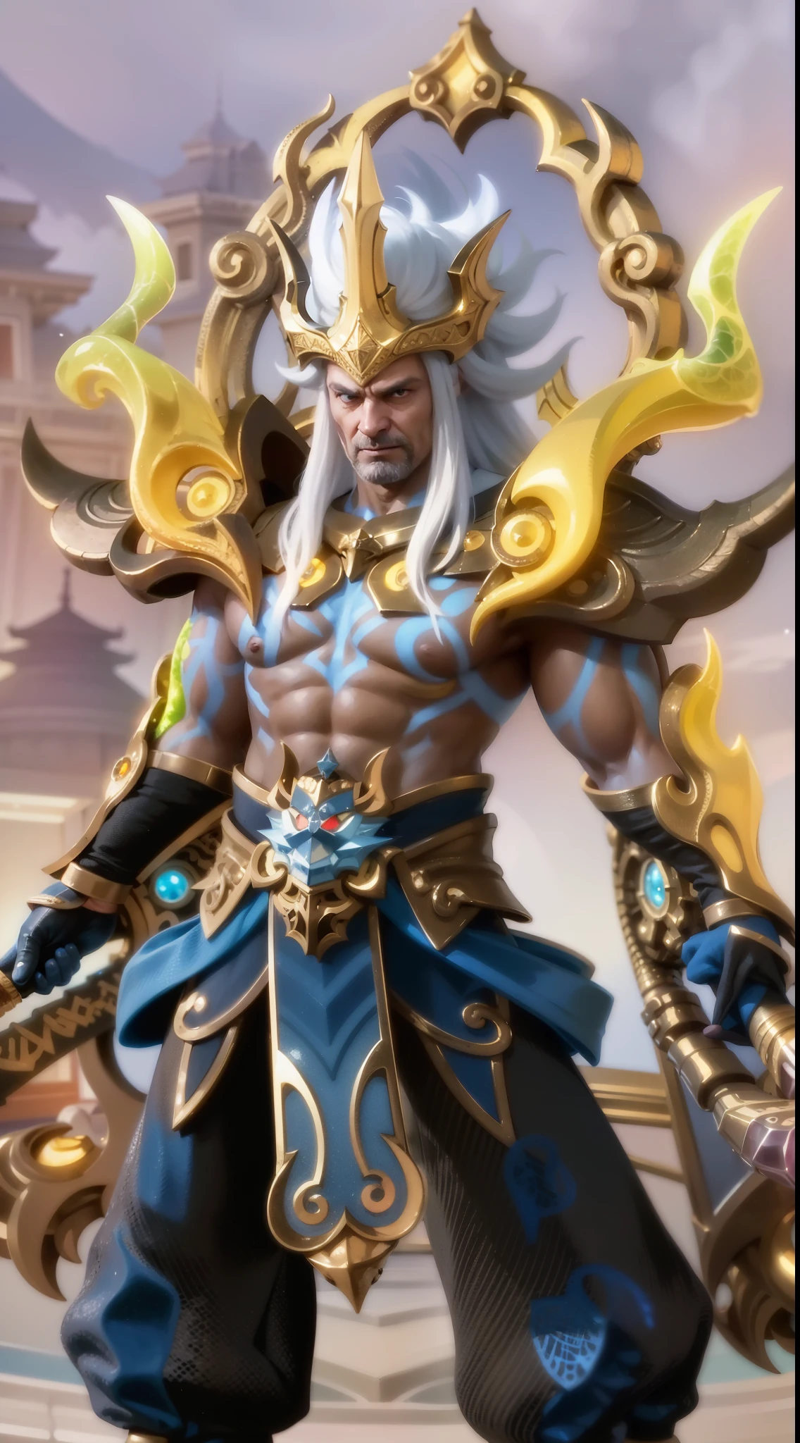 a close up of a man holding a sword in a sky, Masterpiece, ultra HD, detailed all picture, a close up of a devil, dyrroth from mobile legend, evil, extremely detailed artgerm, mobile legends character, inspired by Dyrroth, Six pack chest and abs, black jewel above the chest, light yellow eyes, glare.